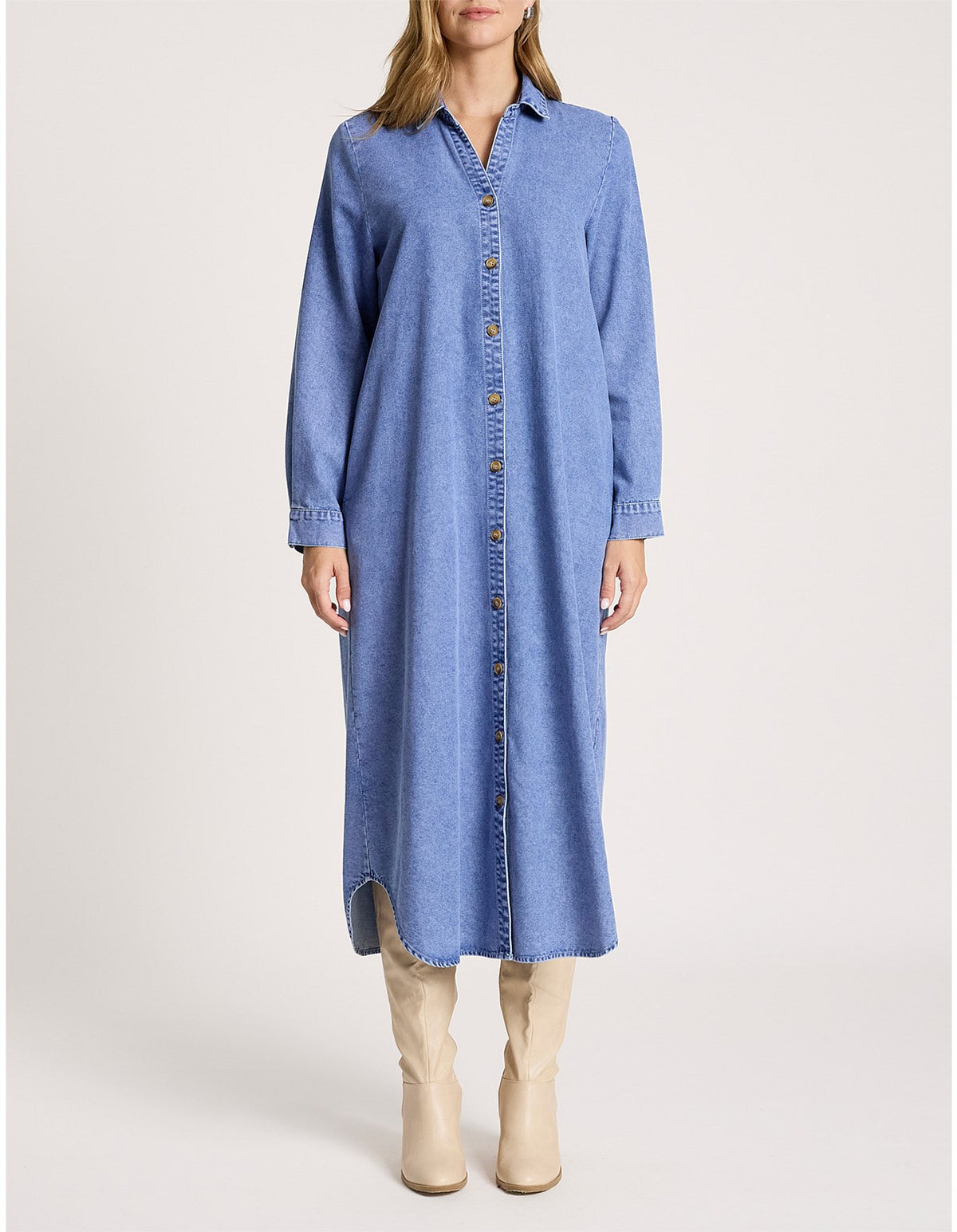 Bodhi Long Sleeve V Neck Denim Shirt Dress